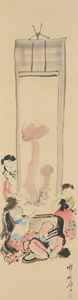 Ofuku looking at a hanging scroll of matsutake mushrooms [Kawanabe Kyosai, 1885-1889, from This is Kyōsai!] Thumbnail Images