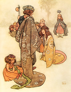 Princesses he found in plenty; but whether they were real Princesses it was impossible for him to decide (The Real Princess) [William Heath Robinson, 1913, from The Fantastic Paintings of Charles & William Heath Robinson] Thumbnail Images