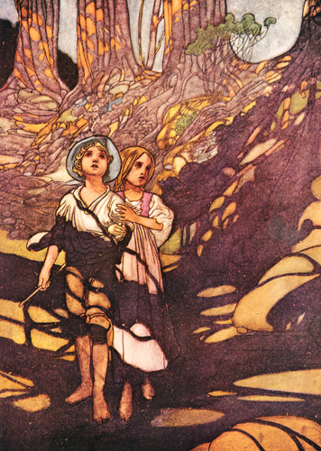 森の中のヘンゼルとグレーテル [チャールズ・ロビンソン, 1911年, The Fantastic Paintings of Charles & William Heath Robinsonより] パブリックドメイン画像 