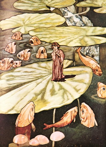 親指姫と小さな魚たち [チャールズ・ロビンソン, 1911年, The Fantastic Paintings of Charles & William Heath Robinsonより] パブリックドメイン画像 