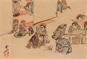 Sparrows at a shogakai (calligraphy and painting party) [Kawanabe Kyosai, 1871-1889, from This is Kyōsai!] Thumbnail Images
