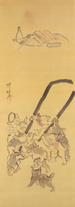 Cats carrying giant tweezers to torment a catfish [Kawanabe Kyosai, 1871-1889, from This is Kyōsai!] Thumbnail Images