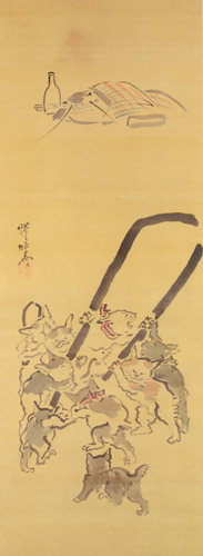 Cats carrying giant tweezers to torment a catfish [Kawanabe Kyosai, 1871-1889, from This is Kyōsai!]