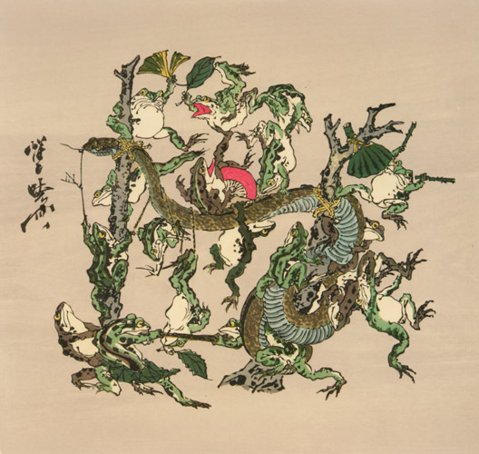 Frogs battling a snake [Kawanabe Kyosai, 1871-1889, from This is Kyōsai!]