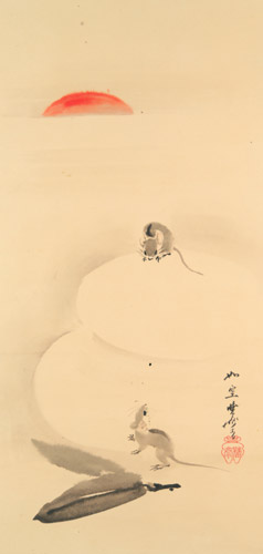 Rice cake, mice and the rising sun  [Kawanabe Kyosai, 1887, from This is Kyōsai!]