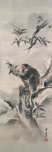 Monkey in a tree by a river, holding loquats [Kawanabe Kyosai, 1888, from This is Kyōsai!] Thumbnail Images