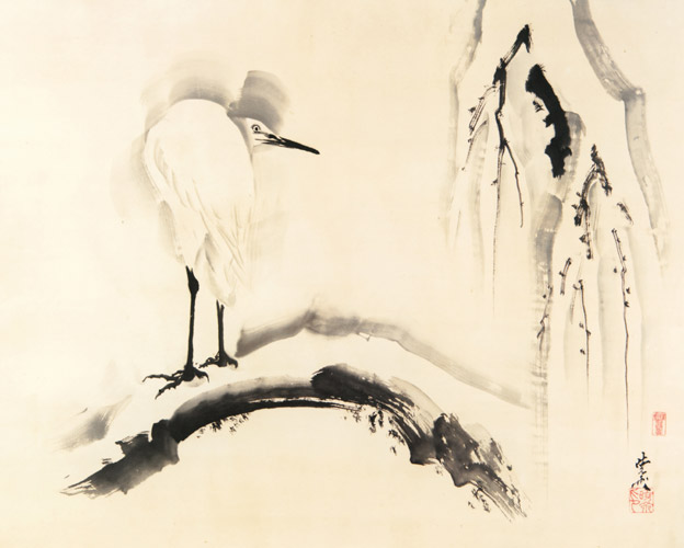 Egret and snow-covered willow [Kawanabe Kyosai, 1881-1889, from This is Kyōsai!]