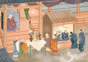 Priests waiting for the funeral procession [Kawahara Keiga,  from Catalogue of the Exhibition of Keiga Kawahara] Thumbnail Images