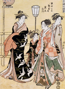 The Courtesan Shinohara of Tsuru-ya at Kyōmachi 1-chōme with Her Attendants Utano and Shinobu, from the Ten Kinds of Incense in Yoshiwara series [Torii Kiyonaga, c.1793, from Musees Royaux d’Art Et d’Histoire, Brussels] Thumbnail Images