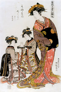 The Courtesan Shirayū of Wakana-ya with Her Attendants Kochō and Tomegi, from the Hinagata-Wakana-no-Hatsumoyō (New Fashion Designs) series [Isoda Koryusai, 1772-1781, from Musees Royaux d’Art Et d’Histoire, Brussels] Thumbnail Images