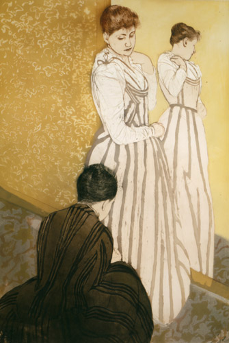 The Fitting [Mary Cassatt, 1890-1891, from Mary Cassatt Retrospective]
