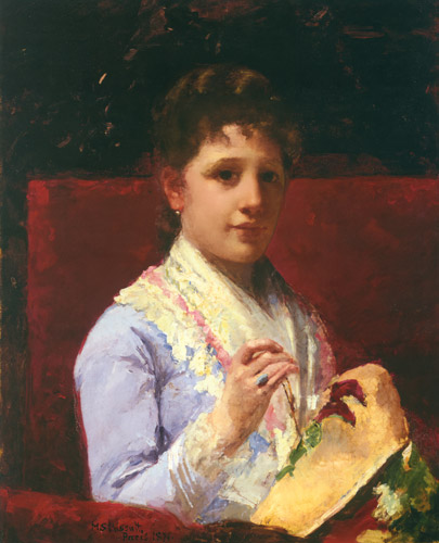 刺繍するメアリー･エリソン [メアリー・カサット, 1877年, メアリー・カサット展より] パブリックドメイン画像 