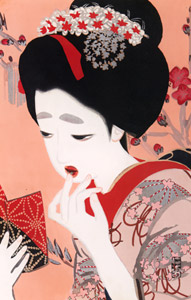 “March, apply lipstick”, from the series the Collection of New Ukiyo-e Beauties [Kitano Tsunetomi, 1917-1918, from Kitano Tunetomi Exhibition: 70th anniversary of his death] Thumbnail Images