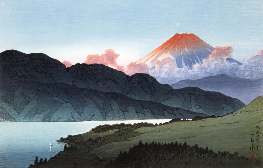 Scenes of the Minami Mountain Villa at Moto-Hakone : Evening of Mount Fuji from Lake Ashi