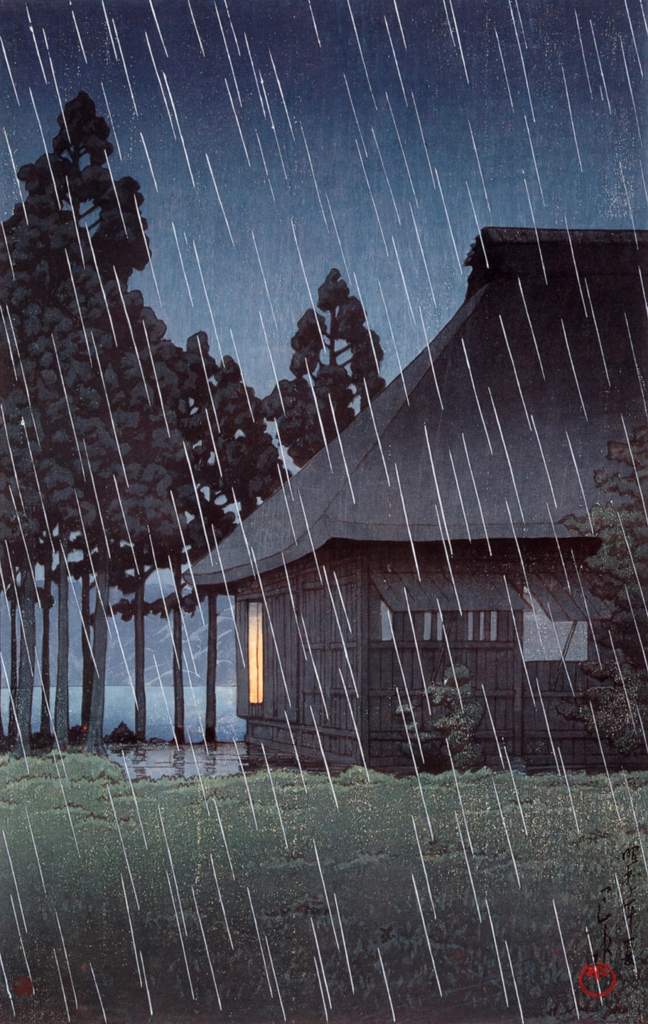 Scenes of the Minami Mountain Villa at Moto-Hakone : Tea Ceremony Room in Night Rain at Lakeside