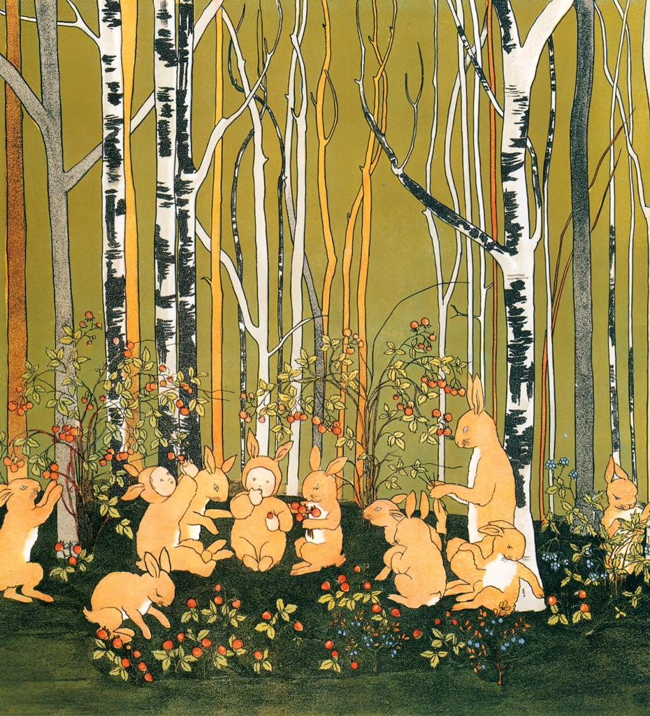 Plate 8 (Rabbit Family and Children in Rabbit Costumes Eating Strawberries)