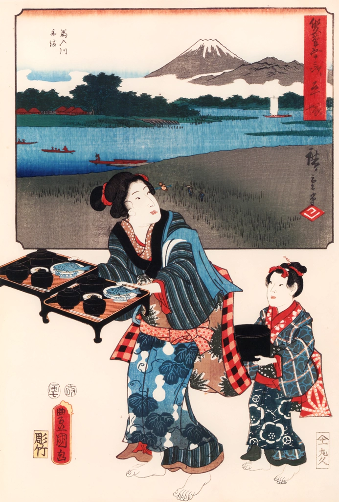 Hiratsuka: Ferry at the Banyû River; Serving Women at an Inn with Food