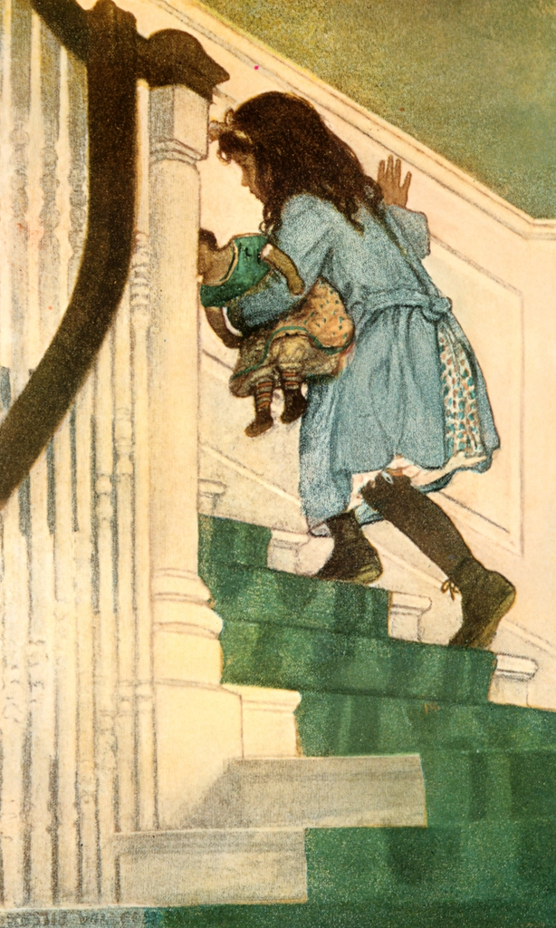 She began to mount the stairs which led to the upper floors (In the Closed Room by Frances Hodgson Burnett)