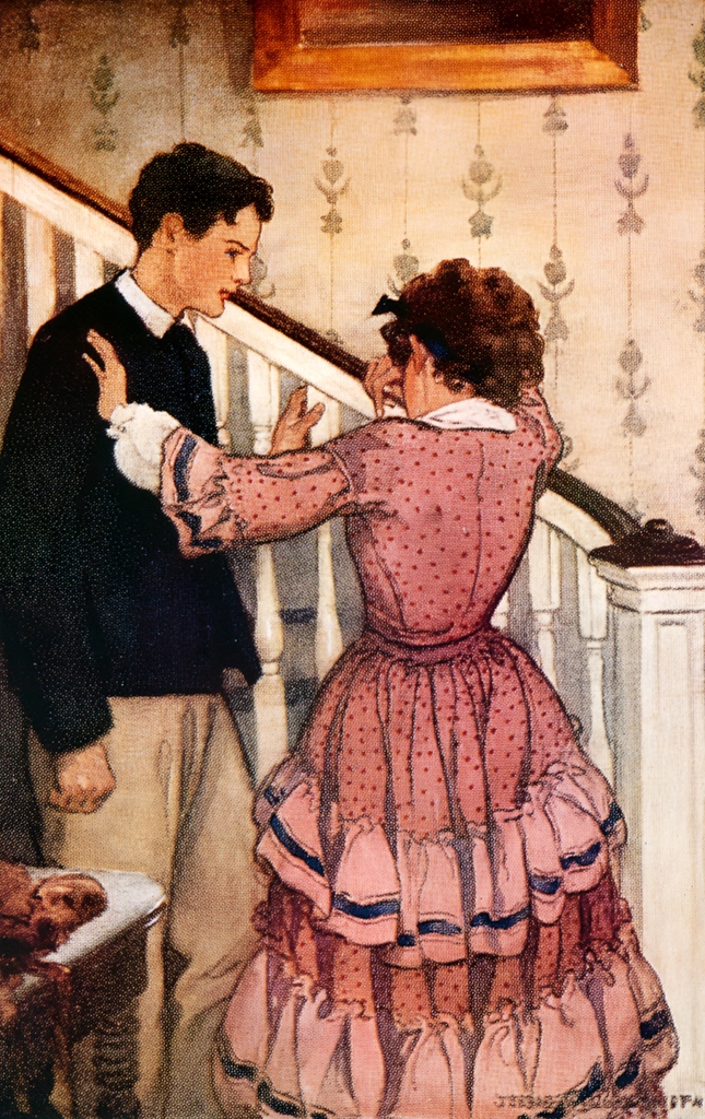 Holding onto the banisters, she put him gently away (Little Women by Louisa May Alcott)