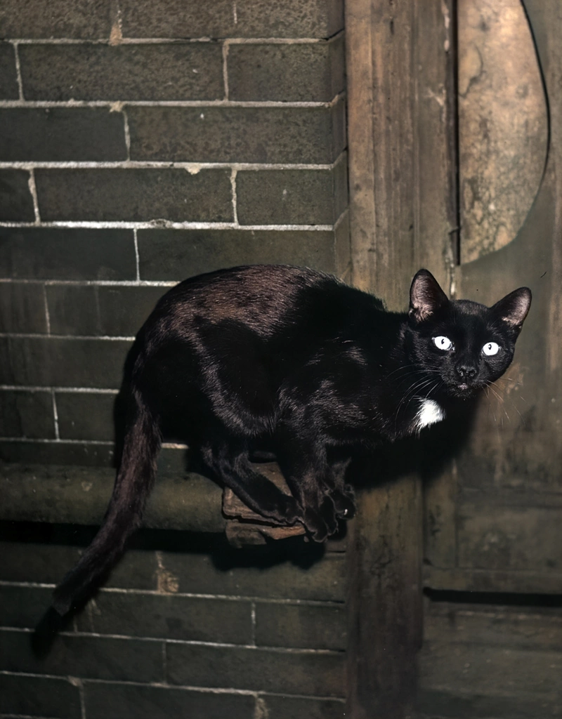 Untitled (Black Cat on a Pipe, AI Colorized)