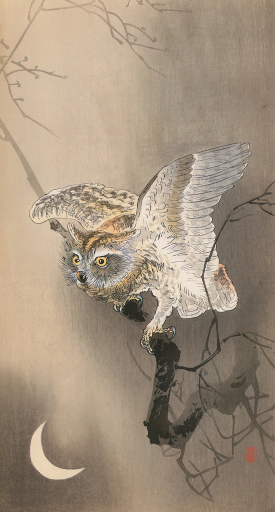 Horned Owl on Ginkgo Branch and Crescent Moon