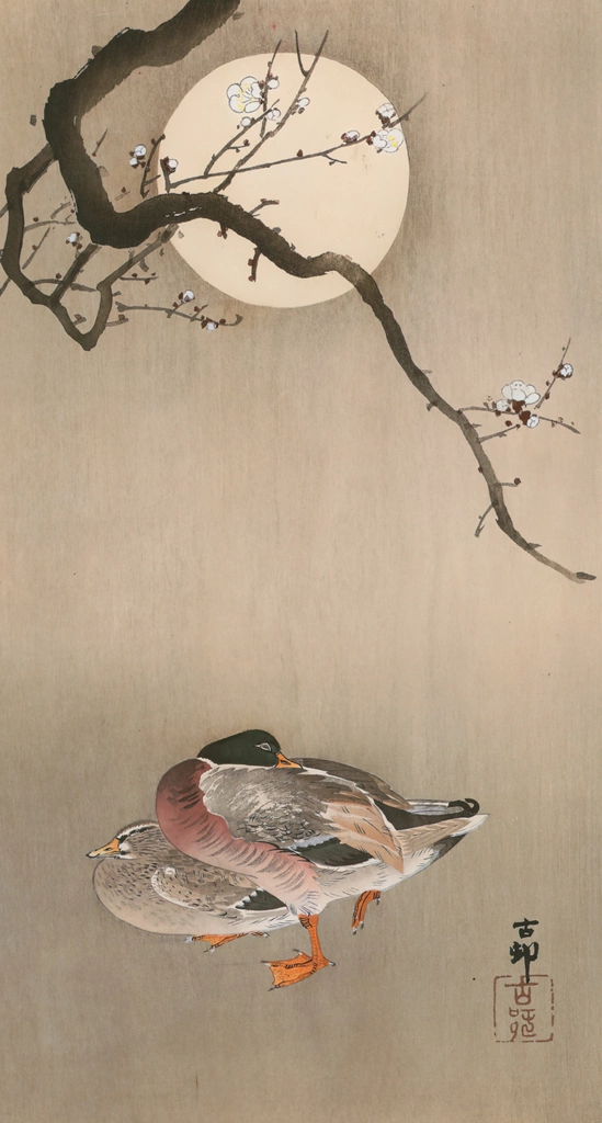 Plum and Mallard Ducks with Moon