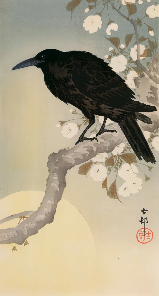 Cherry Blossoms and Crow with Moon