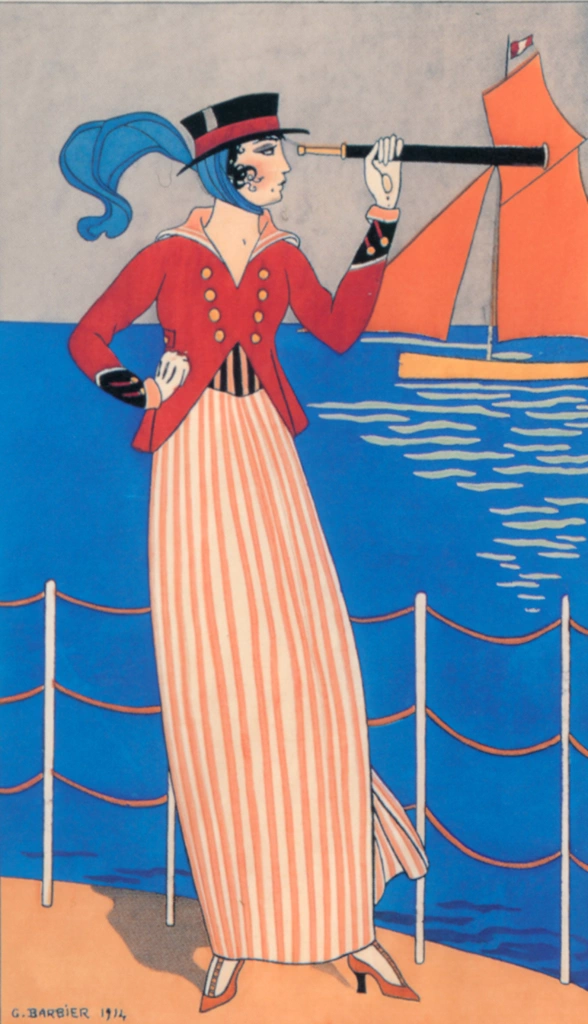 Costume de Yacht: veste de drap, jupe de toile, chapeau de cuir (from Journal des Dames et des Modes)