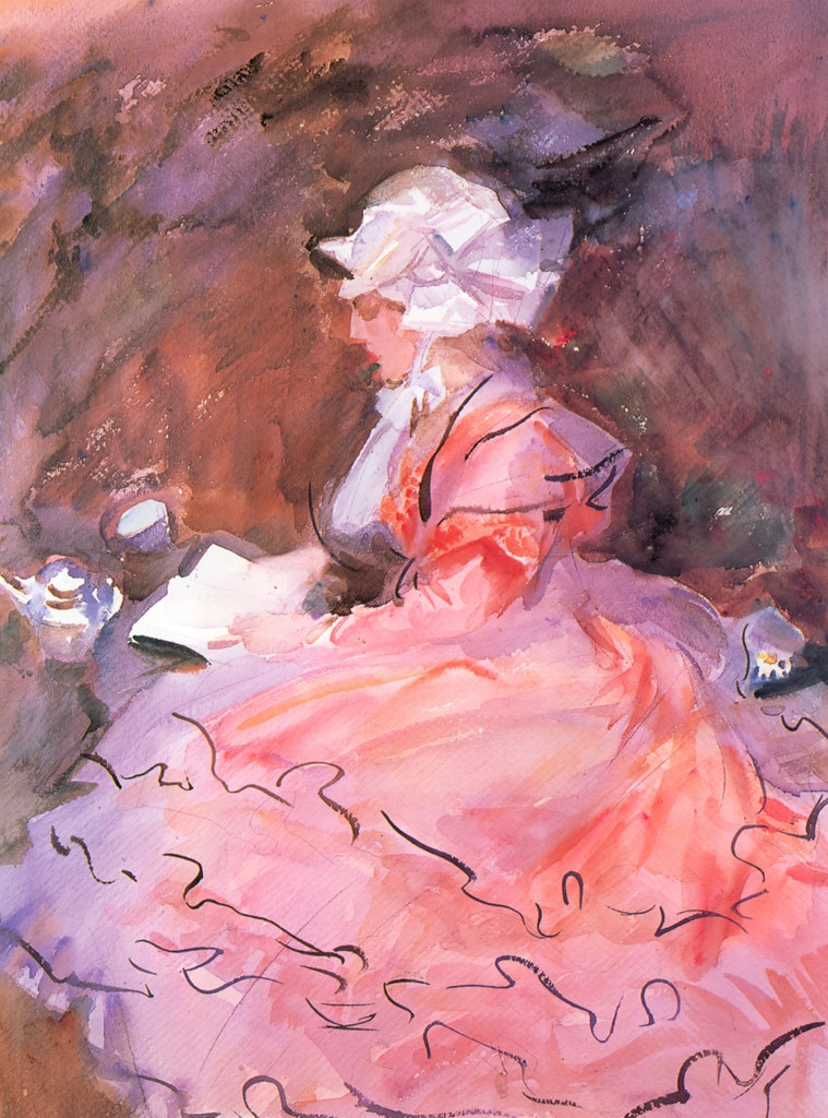 Girl in a Pink Dress, Reading