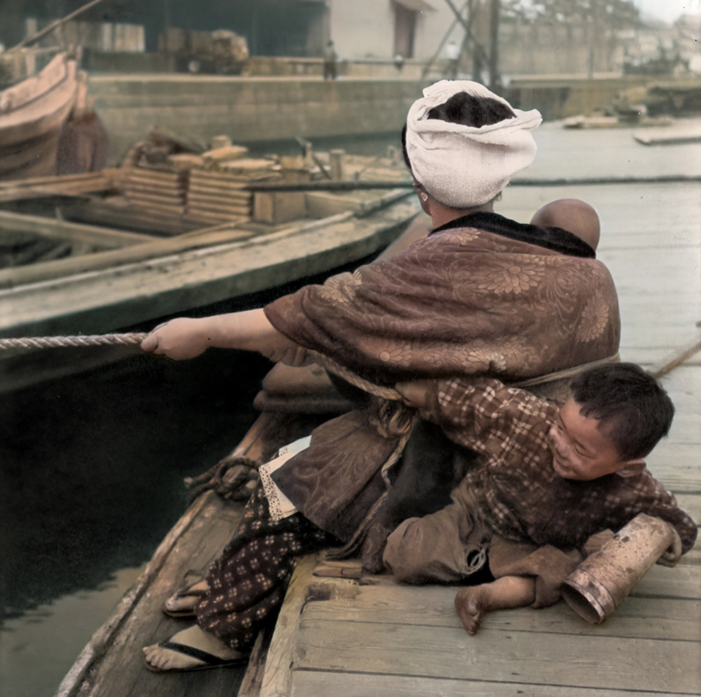 Children Who Lives on the Water (Mother and Child Pulling a Rope, AI Colorized)