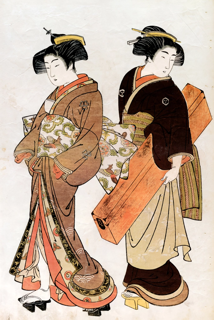 A Geisha and a Woman Carrying a Shamisen Case