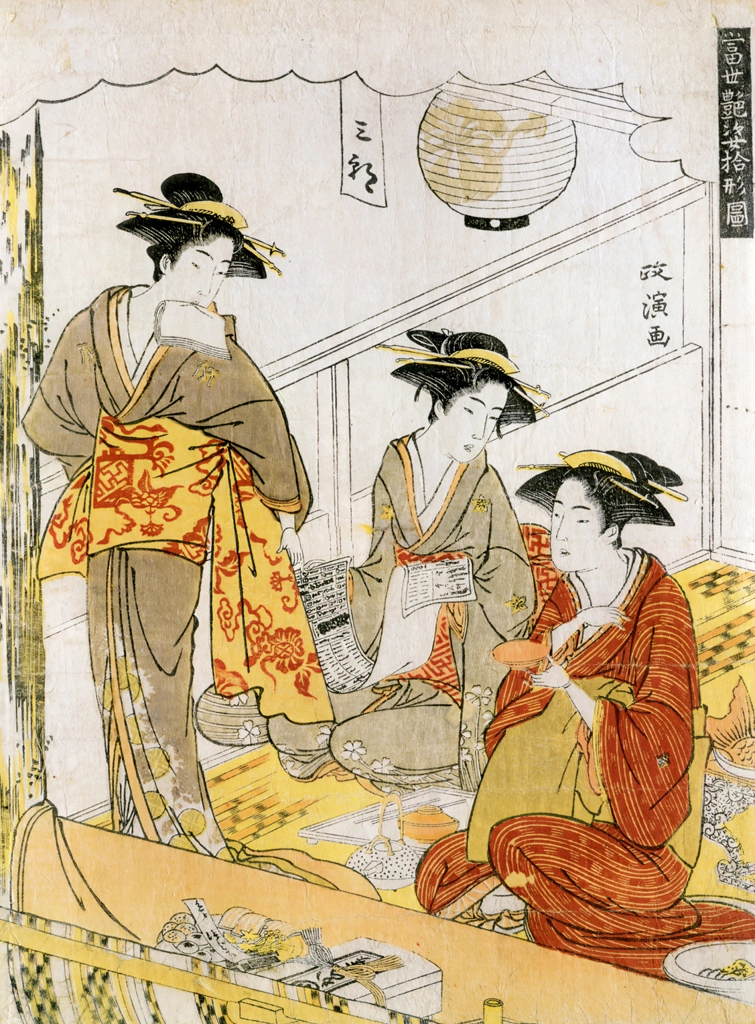 Three Beauties in a Box at a Kabuki Theatre, from the Ten Scenes of Contemporary Beauties series,