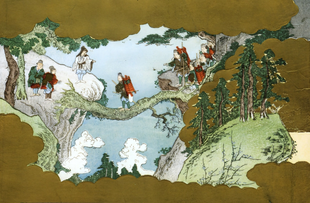 Minamoto-no-Raikō and His Four Senior Samurai Guided by the Three Gods, from the Tale of Ōe-yama series