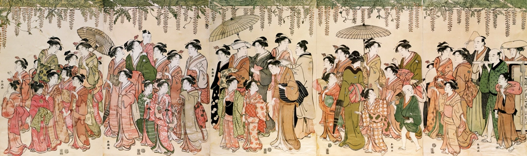 A Procession of Students Offering a Votive Tablet to a Shrine under a Wisteria Trellis