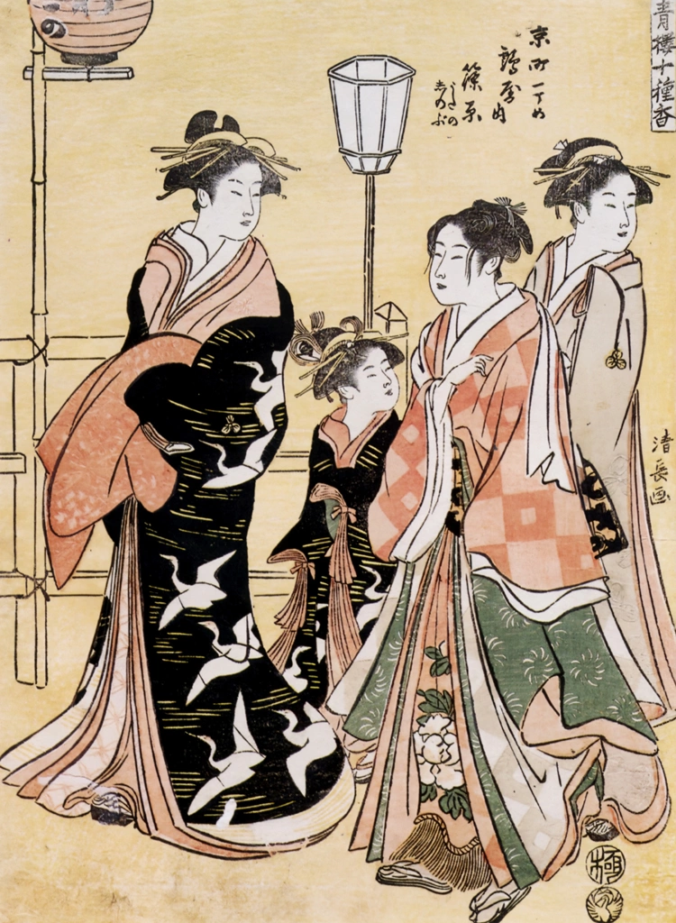 The Courtesan Shinohara of Tsuru-ya at Kyōmachi 1-chōme with Her Attendants Utano and Shinobu, from the Ten Kinds of Incense in Yoshiwara series