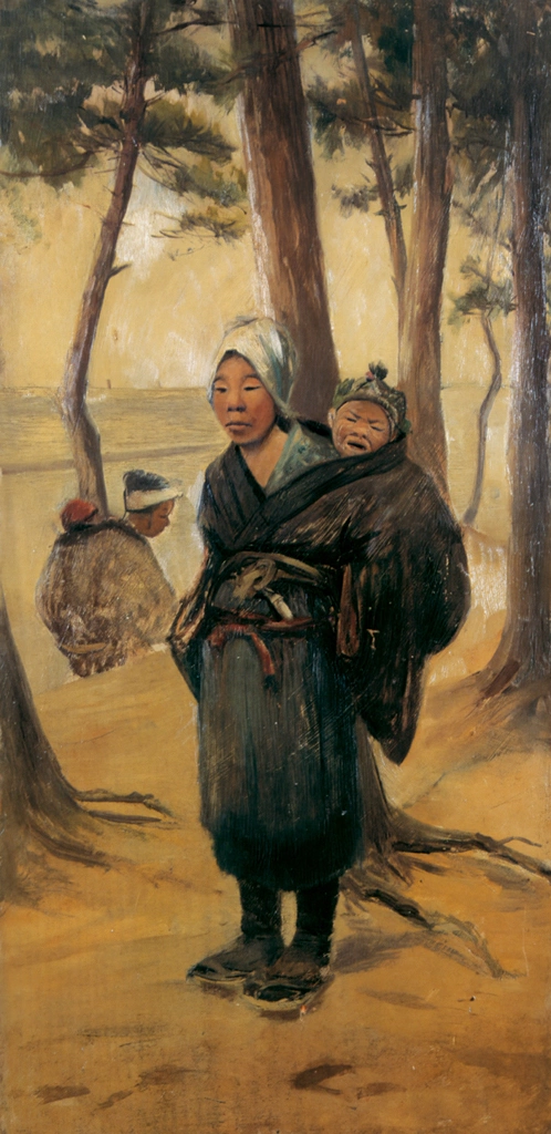 Peasant women with their children, crossing paths to Narita.