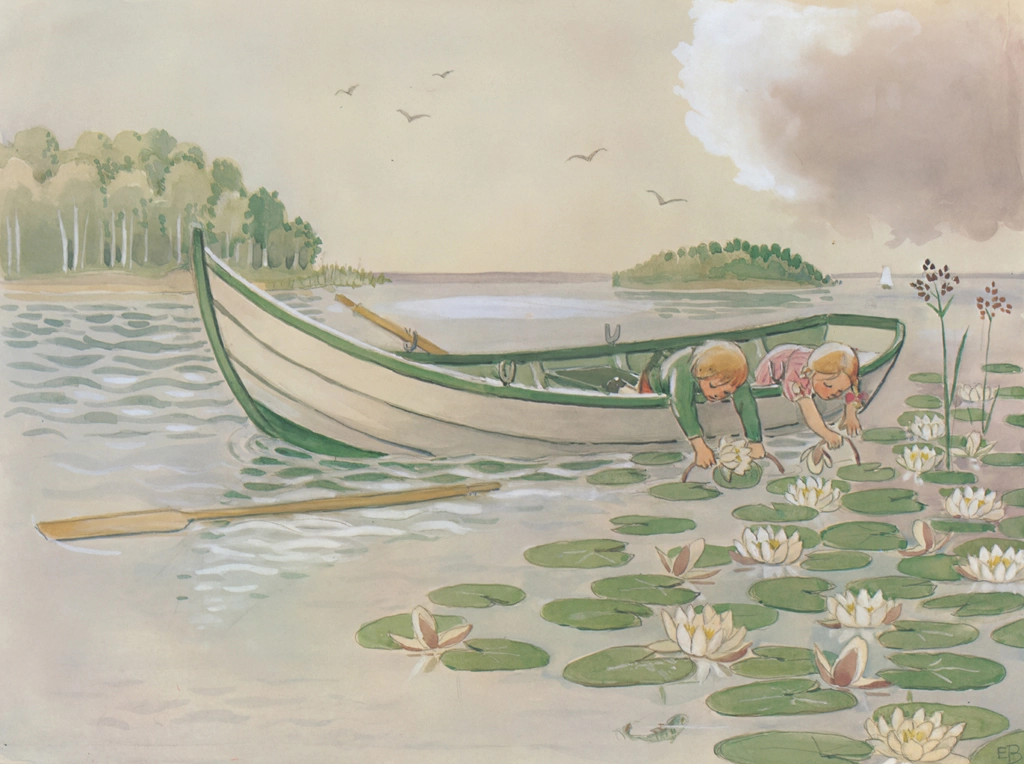 Plate 6 (Peter and Lotta Leaning out of the Boat to Get Water Lily Flowers)