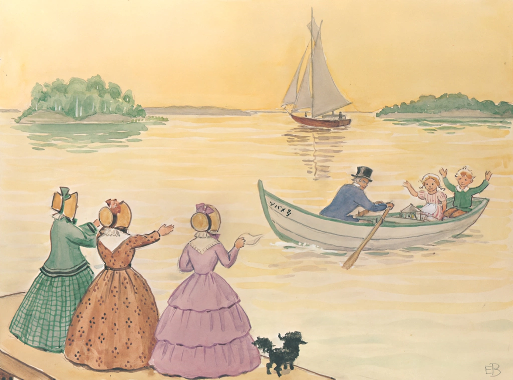 Plate 16 (Uncle Blue, Peter and Lotta on a Boat Returning to the Pier Where the Three Aunts Stand)