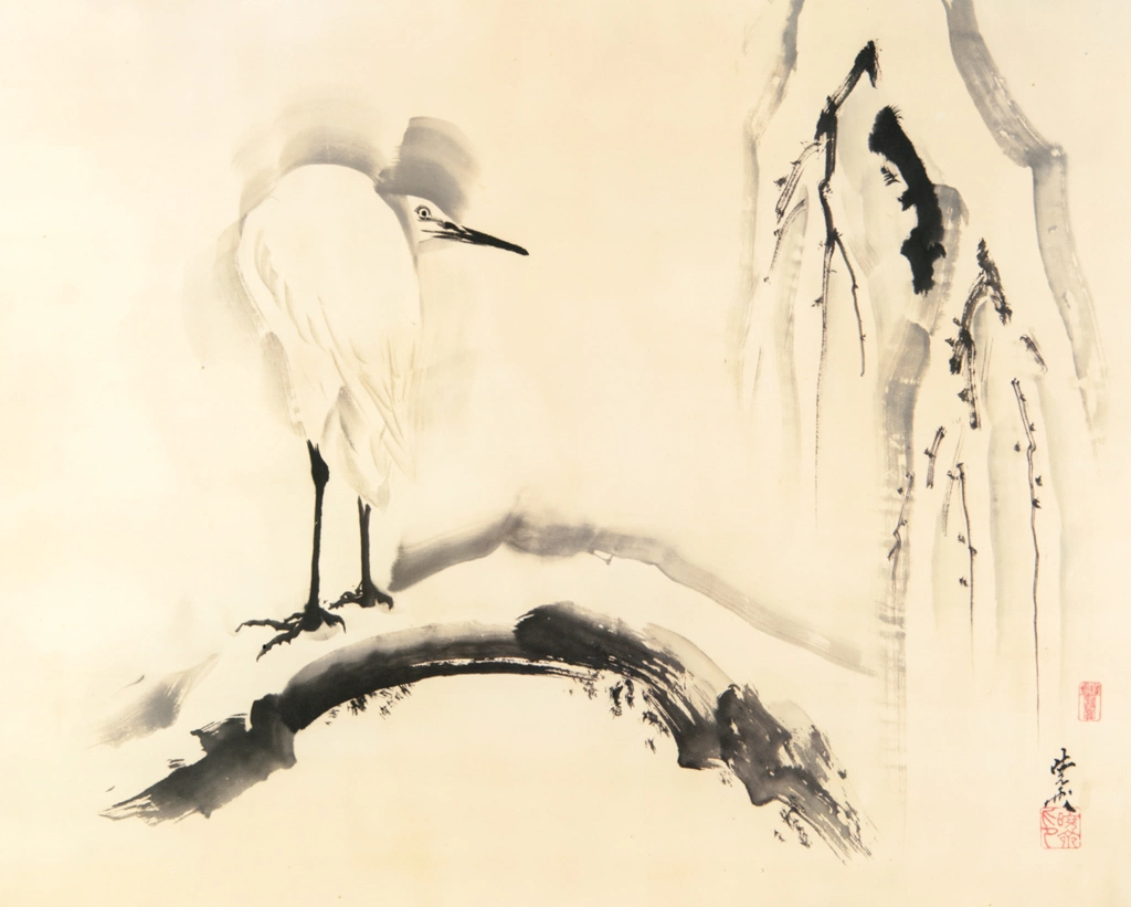 Egret and Snow-Covered Willow