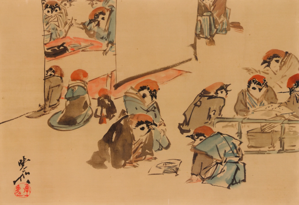 Sparrows at a shogakai (calligraphy and painting party)