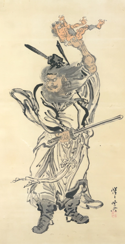 Shōki holding a demon above his head