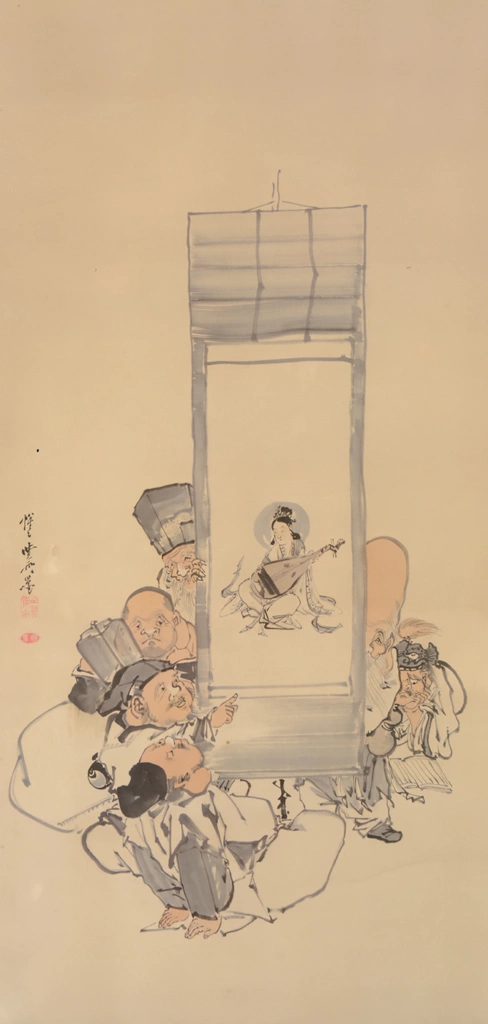 Six Gods of Good Fortune with Benzaiten on a hanging scroll