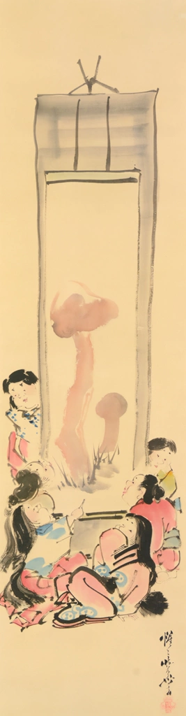 Ofuku Looking at a Hanging Scroll of Matsutake Mushrooms